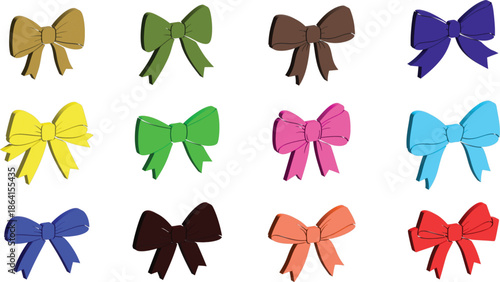 Versatile Set of 12 Colorful 3D Stylized Gift Bow Icons in Vibrant Rainbow Colors, Modern Minimalist Ribbon Elements for Festive Wrapping and Design Projects Isolated on Transparent Background AI Gene