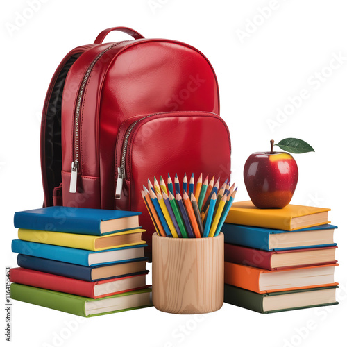 Wallpaper Mural Back to School Concept with Red Backpack Colorful Books Pencil Holder and Fresh Apple Isolated on Black Background Torontodigital.ca