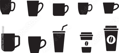 Coffee mug icon set. Collection of black coffee mug silhouettes in various shapes and sizes for drinks, presented as a minimalist graphic icon set for cafe and beverage concepts.