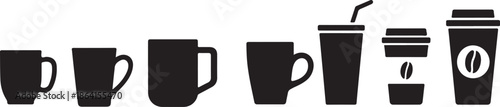 Collection of black coffee mug silhouettes in various shapes and sizes for drinks, presented as a minimalist graphic icon set for cafe and beverage concepts. 
