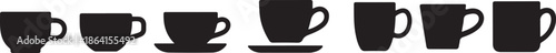 Collection of black coffee mug silhouettes in various shapes and sizes for drinks, presented as a minimalist graphic icon set for cafe and beverage concepts.