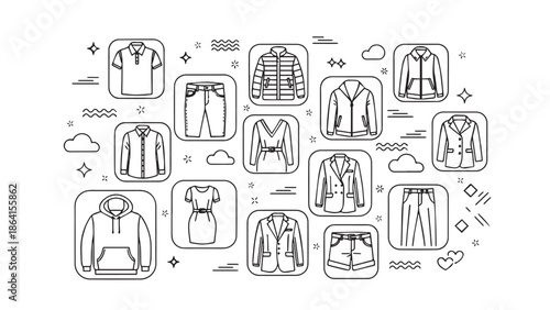 Collection Of Casual And Formal Clothing Icons In Line Art For Fashion And Apparel Styling
