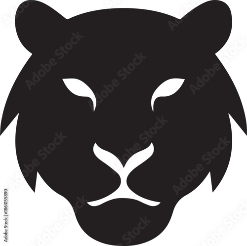 Vector illustration of a black and white cat head silhouette featuring a cartoon mask design with a theater smile and alien eyes as a minimalist animal icon symbol