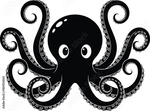 Cartoon octopus illustration, black sea creature, curled tentacles, expressive eyes, marine animal, ocean life, underwater character, playful design, vector art, aquatic icon