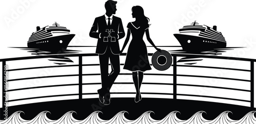 Couple silhouette, cruise ship, ocean view, romantic travel, maritime scene, black and white, waterfront deck, binoculars, sea waves, elegant vacation moment