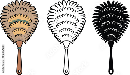 Feather duster silhouette & Outline and illustration set isolated on transparent background