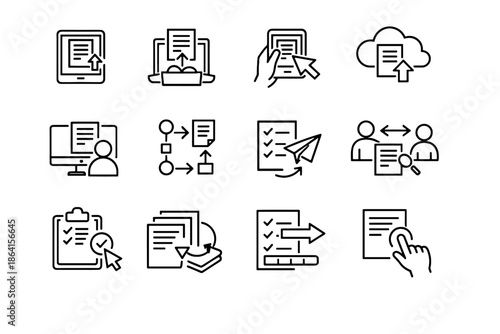 Icon virtual assignments coursework flow schoolwork electronic digital assignment vector icons hand