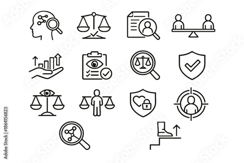 Ethical impartiality evaluation cue detection vector ai risk step bias fairness icon