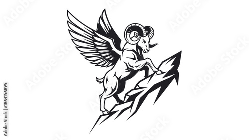 Winged ram ascending mountain illustration monochrome design symbol