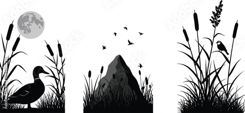 Nature silhouettes featuring wild mallard duck, moon, mountain peak, flying birds, marsh reeds, cattails, and a songbird perched in tall wetland grass meadow.