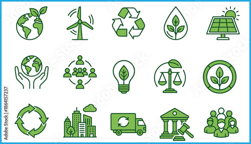 Set of 16 green line icons for sustainability and environmental responsibility including renewable energy, eco policy, and green logistics