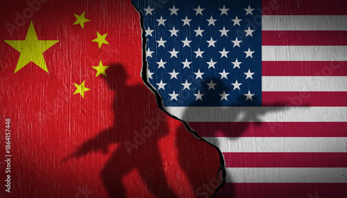 National flags of USA and China on a cracked stone wall with soldier silhouettes. Concept of geopolitical tension and trade war.