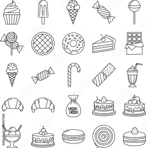 Sweet treats and desserts line art icons food confectionery