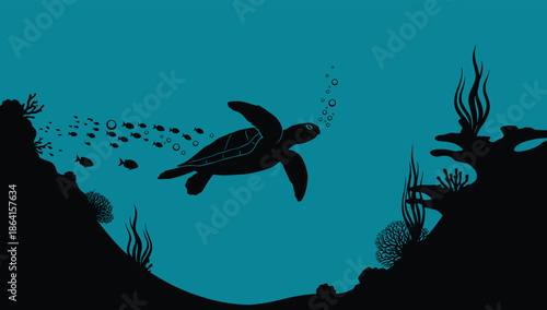 Sea turtle, underwater scene, ocean life, marine animals, fish school, coral reef, silhouette style, aquatic nature, teal background, peaceful dive