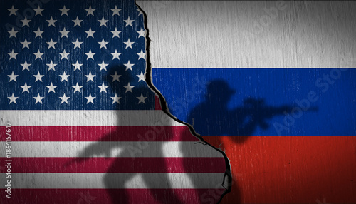 Fotografía National flags of USA and Russia on a cracked stone wall with soldier silhouettes
