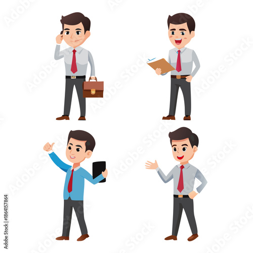 Cartoon character businessman in casual style. Set with different postures, attitudes and poses, doing different activities in isolated vector illustrations.
