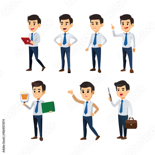Cartoon character businessman in casual style. Set with different postures, attitudes and poses, doing different activities in isolated vector illustrations.
