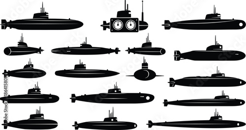 Submarine silhouettes, underwater vessels, military submarines, black and white, periscope view, naval icons, ocean technology, vector set, marine transport, sea exploration