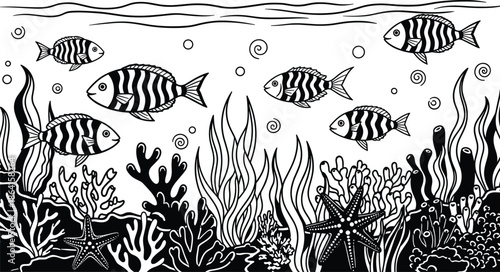 Underwater illustration, striped fish, coral reef, seaweed, marine life, starfish, ocean floor, bubbles, black and white, aquatic nature, ecosystem scene