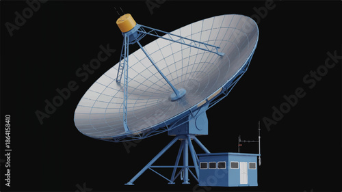 A 3D rendered illustration of a large satellite dish antenna against a white background.  