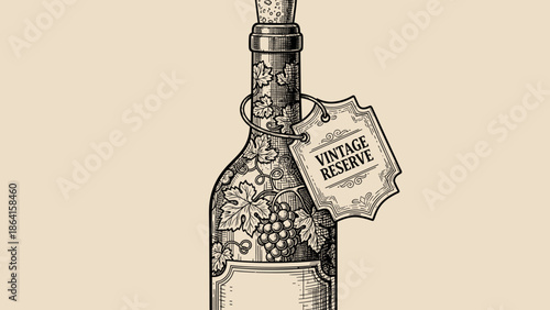 Vintage wine bottle illustration with decorative label and vine artwork