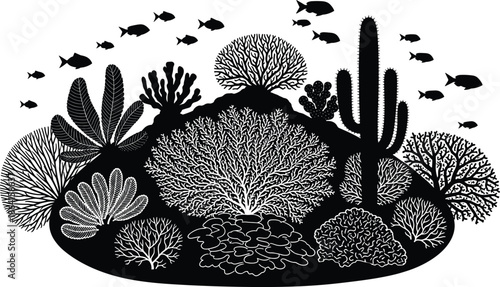 Underwater silhouette, coral reef, marine life, fish swimming, ocean biodiversity, aquatic plants, sea creatures, black and white, nature scene, reef ecosystem