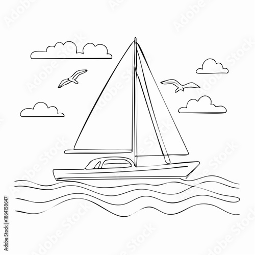 Yachts on sea waves. Seagull in the sky. Continuous line drawing. Vector illustration. Isolated on white background