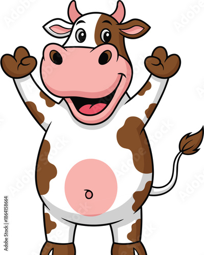 Cheerful cartoon cow character celebrating with raised arms, smiling face, pink snout, brown patches, cute udder, joyful pose - flat vector illustration