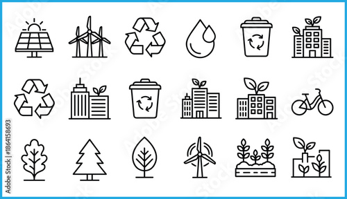 Set of 20 black line icons for sustainability and eco-conscious living including renewable energy, recycling, and green infrastructure