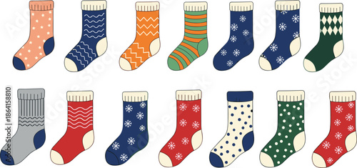 Colorful socks collection, cartoon style, pattern variety, festive design, matching game, fashion icon, cozy wear - flat vector illustration