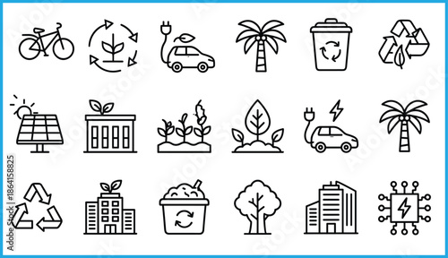 Set of 20 black line icons for sustainability and green technology including electric vehicles, recycling, and eco infrastructure