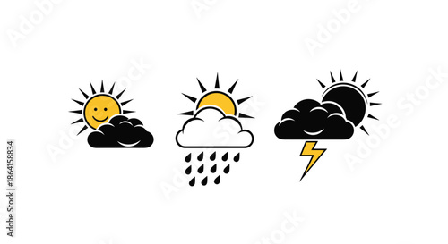 Set of three weather icons representing a sunny day with clouds, a rainy afternoon, and a powerful thunderstorm with a lightning bolt symbol.