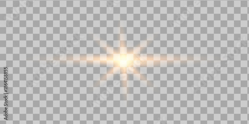 Yellow star flashed with sparkles sun isolated on transparent background. Soft glow without departing rays, sunlight with lens flare effect. PNG vector light effect.