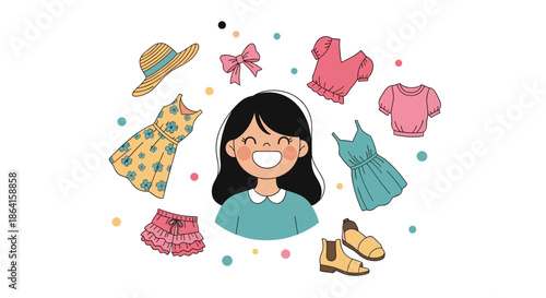 Happy young girl with a bright smile surrounded by a variety of fashion clothing and accessories like dresses, tops, hats, and trendy boots.