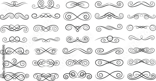 Elegant ornamental flourish collection, decorative swirl elements, vintage line art, symmetrical embellishments, classic scroll motifs, calligraphic accents – flat vector illustration