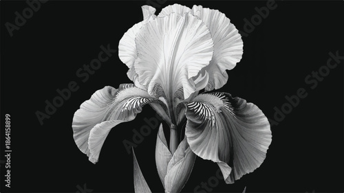 A black and white artistic illustration of an iris flower against a pure black background. 