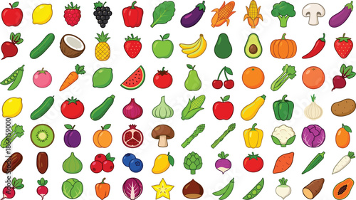 Fruit and vegetable cartoon grid with apple banana carrot broccoli pepper mushroom fig starfruit - flat vector illustration