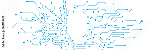 Circuit board blue wires and dots on white background. Electronic technology innovation concept. Suitable for web, banner and brochure template. Vector
