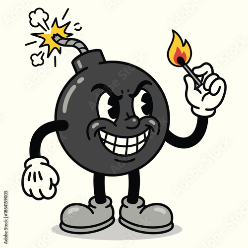 Vintage Rubber Hose Style Bomb Mascot Holding an Explosive