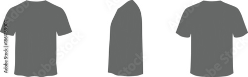 Gray T-shirt front side back view, plain short sleeve shirt, fashion mockup, casual wear, white background - flat vector illustration