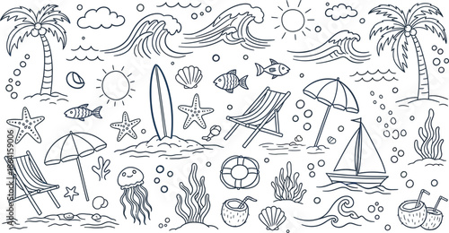 Hand drawn doodle summer beach, hand drawn summer vintage icon set, palm tree, sun and sea, seashells, coral, vector illustration set, drawing ink, vector illustration