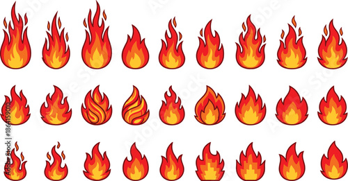 Flame icon set, fire symbol collection, burning shapes, stylized heat graphics, glowing blaze elements, gradient flames, flat vector