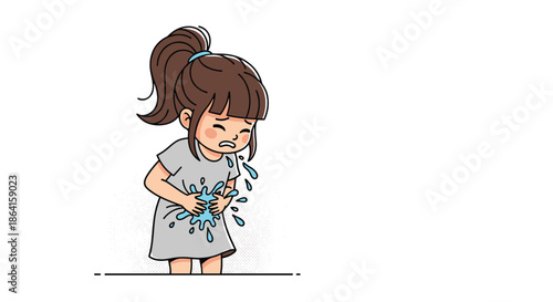 Cartoon illustration of a young girl suffering from a stomach ache or nausea, holding her belly with blue splashes indicating feeling sick.