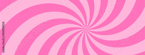 Retro candy cane spiral background with strawberry cream swirls. Pink whirlpool bg. Whimsical Y2K vortex pattern featuring pastel pink and white radial beams in psychedelic cartoon style.
