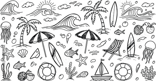 Hand drawn doodle summer beach, hand drawn summer vintage icon set, palm tree, sun and sea, seashells, coral, vector illustration set, drawing ink, vector illustration