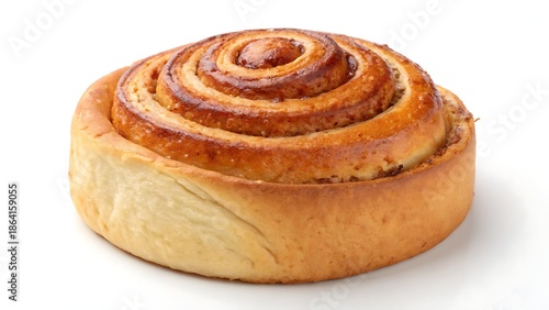 Classic cinnamon roll pastry isolated on a white background, emphasizing warmth, freshness, and inviting bakery appeal.