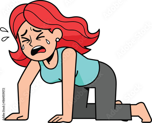 Cartoon person sweating and crying on hands and knees, red hair, turquoise top, emotional exhaustion pose - flat vector illustration