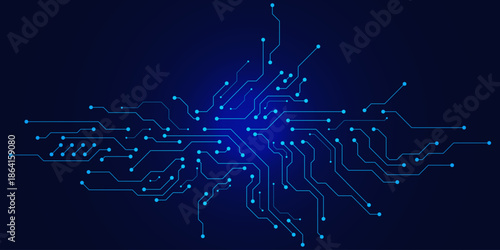 Wide cyber security and network connection concept. Futuristic circuit board technology texture on dark blue background. Vector