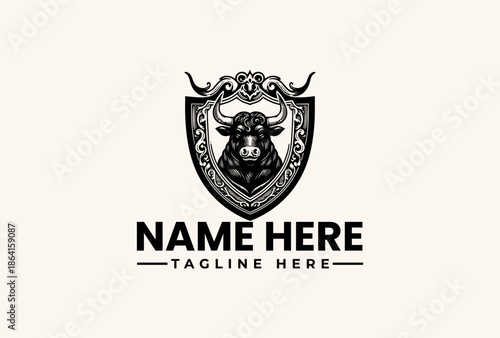 Black and white vector illustration of a bull's head within a decorative shield with a tagline and placeholder text on a plain background.