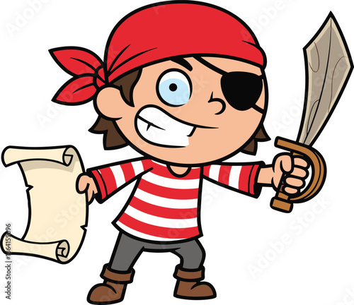Cartoon pirate character with sword and map, red bandana, striped shirt, eye patch, mischievous grin - flat vector illustration